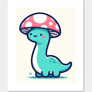 Kawaii simple Mushroom Hat Blue Dinosaur Brontosaurus Posters and Art